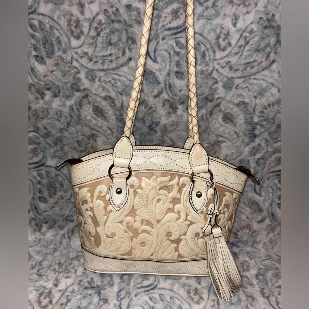 Patricia Nash Primrose Satchel Purse Tooled Shoulder Bag Ivory Beige Inlay